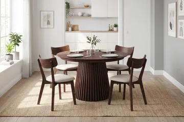 Peyra Matgrupp Förlängningsbart runt 120-220 cm i Valnöt med 4 Amelia Matstolar med Dyna - Valnöt/Beige - Möbler - Bord & matgrupp - Matgrupp