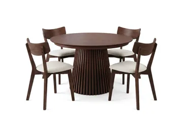 Peyra Matgrupp Förlängningsbart runt 120-220 cm i Valnöt med 4 Amelia Matstolar med Dyna - Valnöt/Beige - Möbler - Bord & matgrupp - Matgrupp
