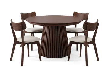 Peyra Matgrupp Förlängningsbart runt 120-220 cm i Valnöt med 4 Amelia Matstolar med Dyna - Valnöt/Beige - Möbler - Bord & matgrupp - Matgrupp