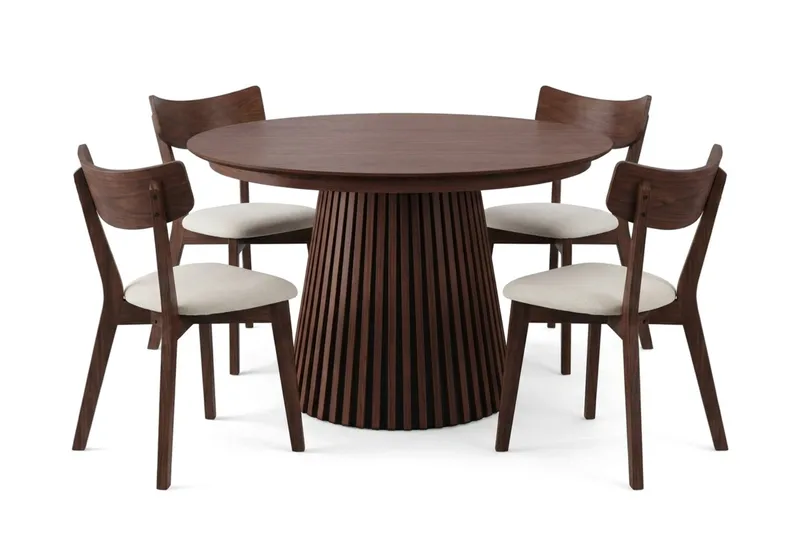 Peyra Matgrupp Förlängningsbart runt 120-220 cm i Valnöt med 4 Amelia Matstolar med Dyna - Valnöt/Beige - Möbler - Bord & matgrupp - Matgrupp