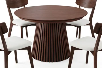 Peyra Matgrupp Förlängningsbart runt 120-220 cm i Valnöt med 4 Amelia Matstolar med Dyna - Valnöt/Beige - Möbler - Bord & matgrupp - Matgrupp