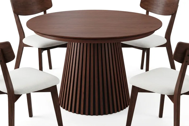 Peyra Matgrupp Förlängningsbart runt 120-220 cm i Valnöt med 4 Amelia Matstolar med Dyna - Valnöt/Beige - Möbler - Bord & matgrupp - Matgrupp