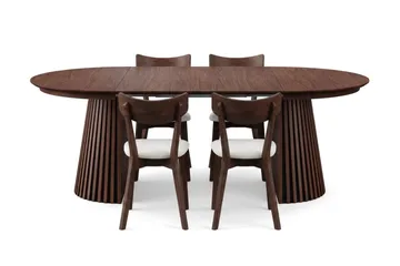 Peyra Matgrupp Förlängningsbart runt 120-220 cm i Valnöt med 4 Amelia Matstolar med Dyna - Valnöt/Beige - Möbler - Bord & matgrupp - Matgrupp