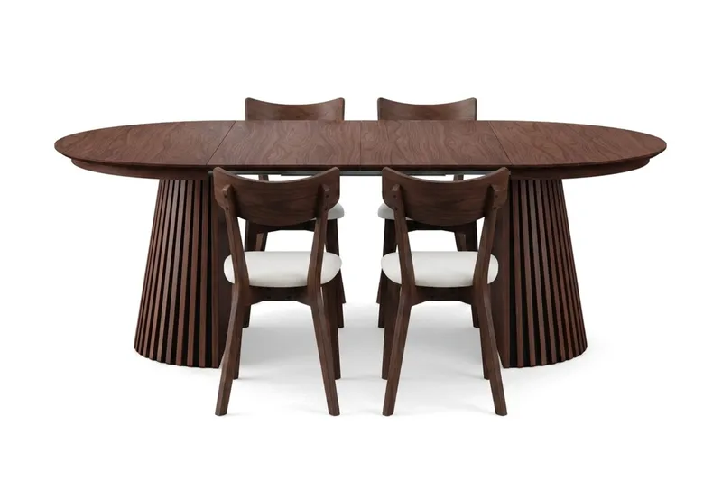 Peyra Matgrupp Förlängningsbart runt 120-220 cm i Valnöt med 4 Amelia Matstolar med Dyna - Valnöt/Beige - Möbler - Bord & matgrupp - Matgrupp