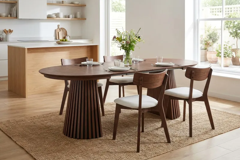 Peyra Matgrupp Förlängningsbart runt 120-220 cm i Valnöt med 4 Amelia Matstolar med Dyna - Valnöt/Beige - Möbler - Bord & matgrupp - Matgrupp