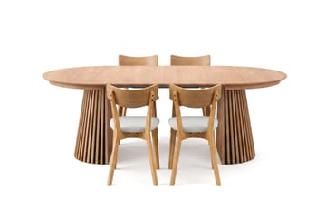 Peyra Rund Utdragbar Matgrupp 120-220 cm – Matbord med 4 Amelia Matstolar i Trä med Ekutseende - Natur - Möbler - Bord & matgrupp - Matgrupp
