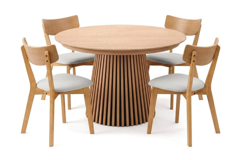 Peyra Rund Utdragbar Matgrupp 120-220 cm – Matbord med 4 Amelia Matstolar i Trä med Ekutseende - Natur - Möbler - Bord & matgrupp - Matgrupp