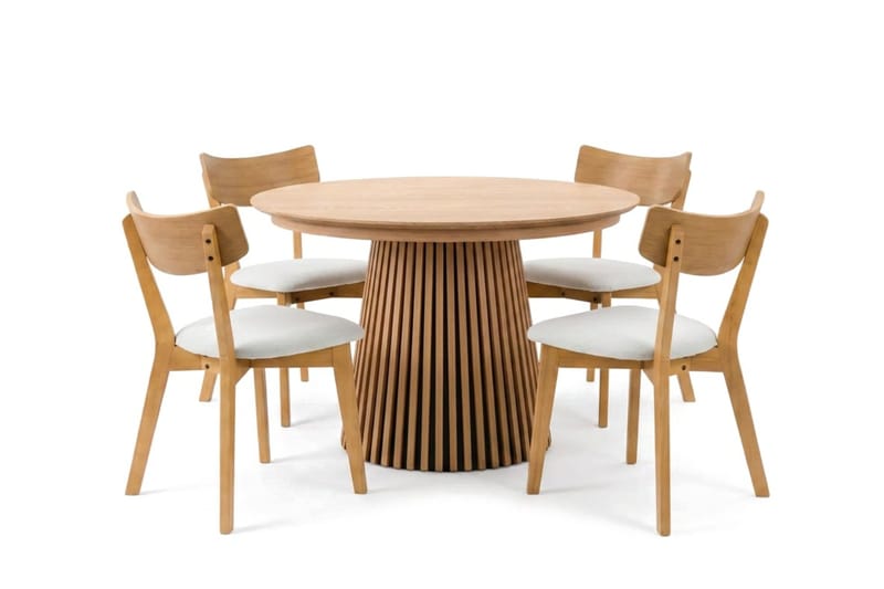 Peyra Rund Utdragbar Matgrupp 120-220 cm – Matbord med 4 Amelia Matstolar i Trä med Ekutseende - Natur - Möbler - Bord & matgrupp - Matgrupp