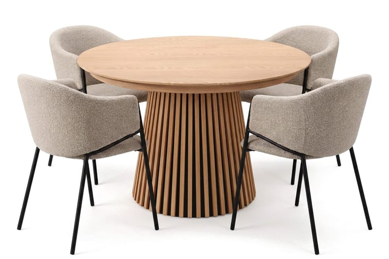 Peyra Rund Utdragbar Matgrupp 120-220 cm – Matbord med 4 Filip Matstolar i Trä med Ekutseende - Natur|Taupe - Möbler - Bord & matgrupp - Matgrupp