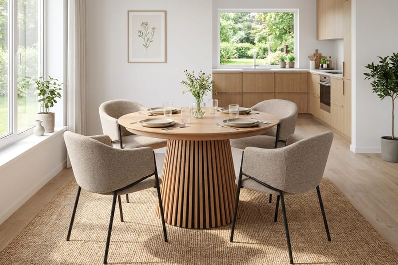 Peyra Rund Utdragbar Matgrupp 120-220 cm – Matbord med 4 Filip Matstolar i Trä med Ekutseende - Natur|Taupe - Möbler - Bord & matgrupp - Matgrupp
