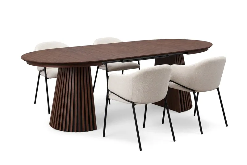 Peyra Rund Utdragbar Matgrupp 120-220 cm – Matbord med 4 Filip Matstolar i Trä med Valnötsutseende - Brun|Vit - Möbler - Bord & matgrupp - Matgrupp