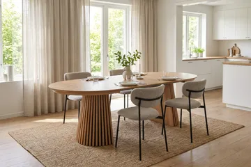 Peyra Rund Utdragbar Matgrupp 120-220 cm – Matbord med 4 Lucy Matstolar i Trä med Ekutseende - Natur|Greige - Möbler - Bord & matgrupp - Matgrupp