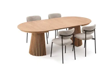 Peyra Rund Utdragbar Matgrupp 120-220 cm – Matbord med 4 Lucy Matstolar i Trä med Ekutseende - Natur|Greige - Möbler - Bord & matgrupp - Matgrupp
