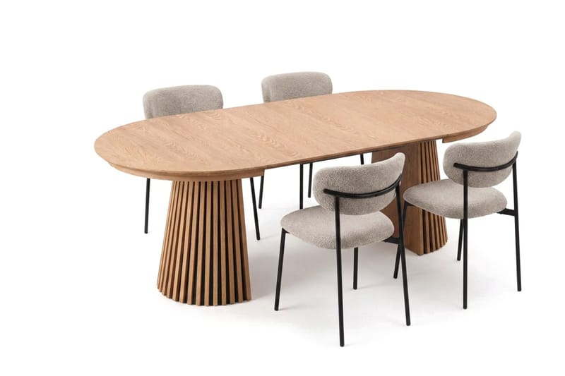 Peyra Rund Utdragbar Matgrupp 120-220 cm – Matbord med 4 Lucy Matstolar i Trä med Ekutseende - Natur|Greige - Möbler - Bord & matgrupp - Matgrupp