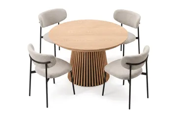 Peyra Rund Utdragbar Matgrupp 120-220 cm – Matbord med 4 Lucy Matstolar i Trä med Ekutseende - Natur|Greige - Möbler - Bord & matgrupp - Matgrupp