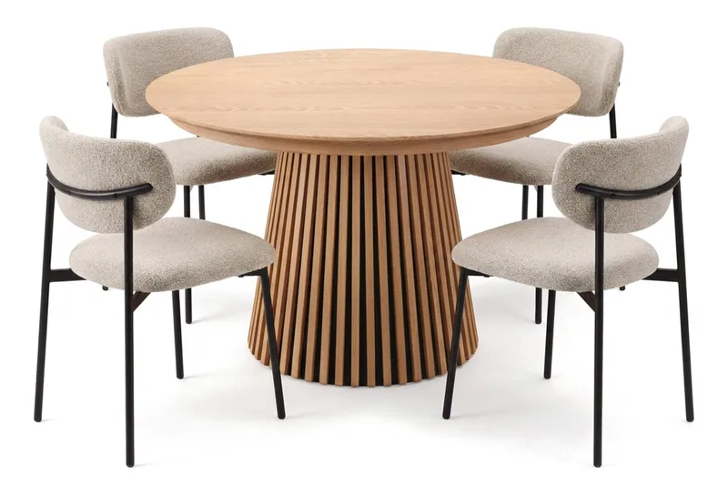 Peyra Rund Utdragbar Matgrupp 120-220 cm – Matbord med 4 Lucy Matstolar i Trä med Ekutseende - Natur|Greige - Möbler - Bord & matgrupp - Matgrupp