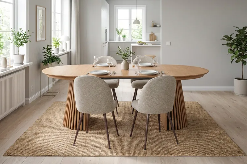 Peyra Rund Utdragbar Matgrupp 120-220 cm – Matbord med 4 Nibe Plus Matstolar i Trä med Ekutseende - Natur|Greige - Möbler - Bord & matgrupp - Matgrupp