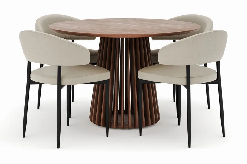 Peyra Runt Matbord 120 cm med 4 Sawako Stolar, Valnöt