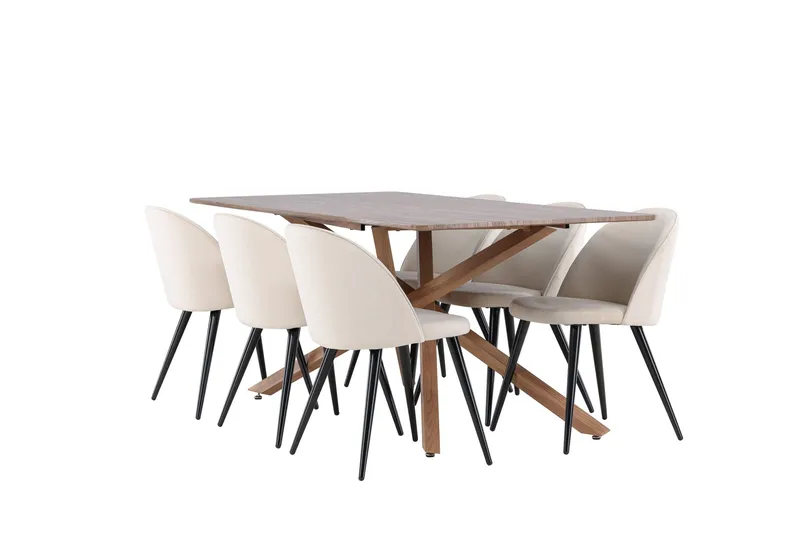 Piazza Matgrupp 180 cm Rektangulär med 6 Velvet stolar, Mocca/Beige