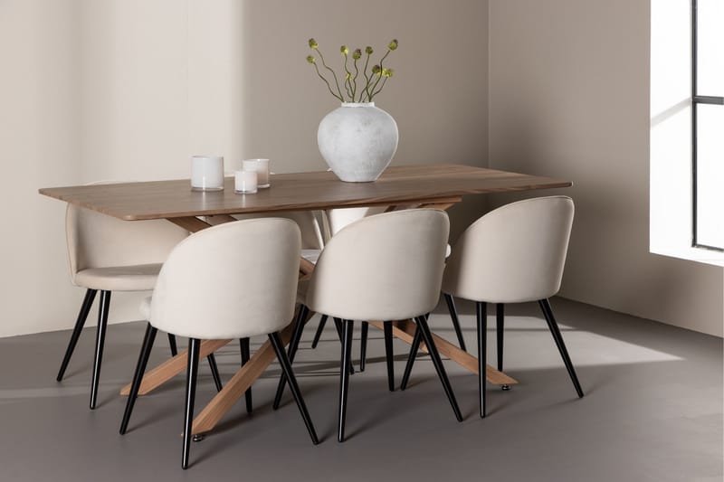 Piazza Matgrupp 180 cm Rektangulär med 6 Velvet stolar - Mocca/Beige - Möbler - Bord & matgrupp - Matgrupp