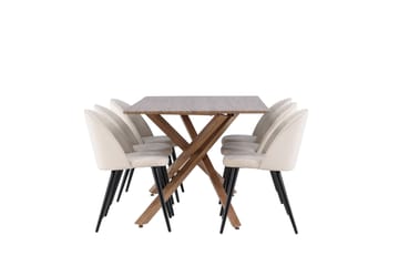 Piazza Matgrupp 180 cm Rektangulär med 6 Velvet stolar - Mocca/Beige - Möbler - Bord & matgrupp - Matgrupp