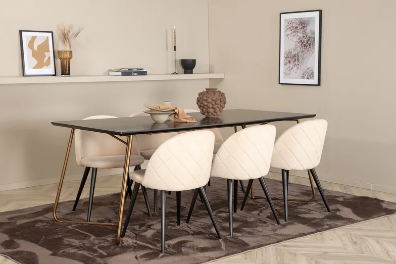 Pipi Matgrupp 190 cm inkl 6 Velvets Stolar, Svart/Koppar