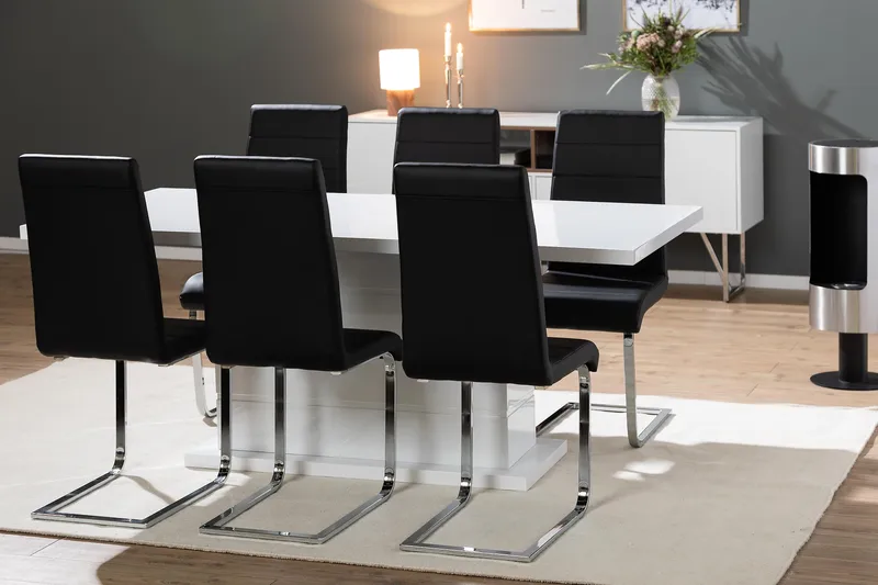 Ratliff Matgrupp 180 cm + 6 Stolar Förlängningsbart med illäggsskiva - Vit/Svart Pu/Krom - Möbler - Bord & matgrupp - Matgrupp