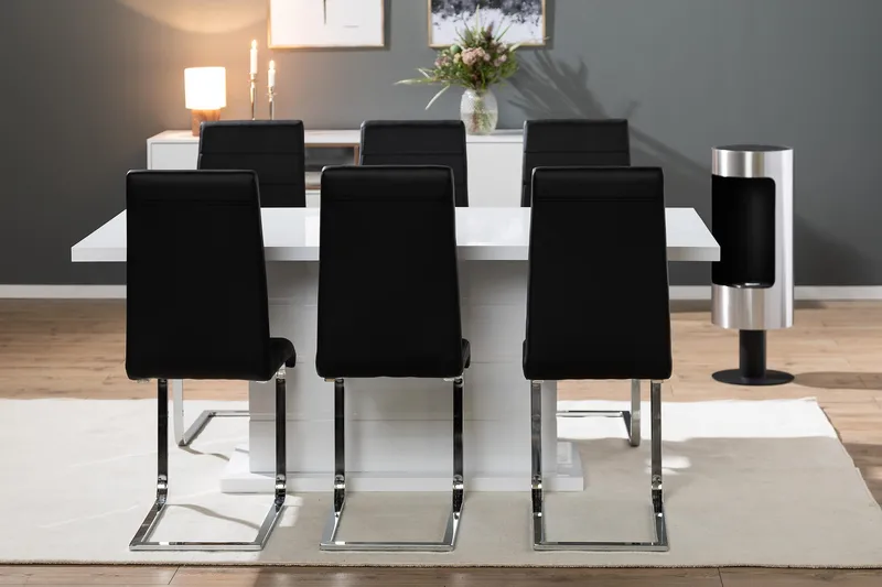 Ratliff Matgrupp 180 cm + 6 Stolar Förlängningsbart med illäggsskiva - Vit/Svart Pu/Krom - Möbler - Bord & matgrupp - Matgrupp