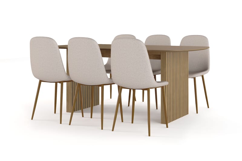 Richeto Matbord 180 cm ek +  6 st Naira stol beige med ek ben, Natur/Beige
