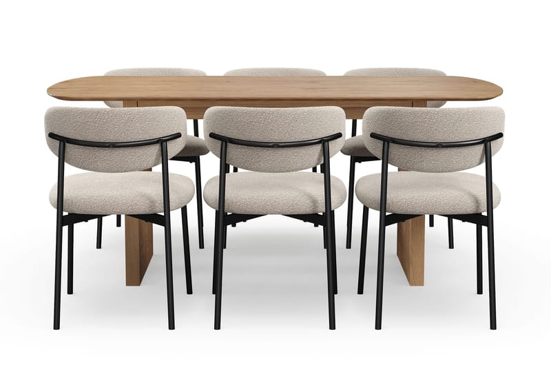 Richeto Matbord 180 cm med 6 Lucy Matstolar - Naturlig finish / Greige Bouclé / Metallben Svart - Möbler - Bord & matgrupp - Matgrupp
