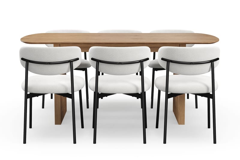 Richeto Matbord 180 cm med 6 Lucy Matstolar - Naturlig finish / Vit Bouclé / Metallben Svart - Möbler - Bord & matgrupp - Matgrupp