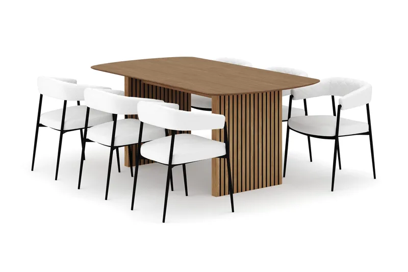 Richeto Matbord 180 cm med 6 Velma Matstolar, Naturlig finish / Vit Bouclé