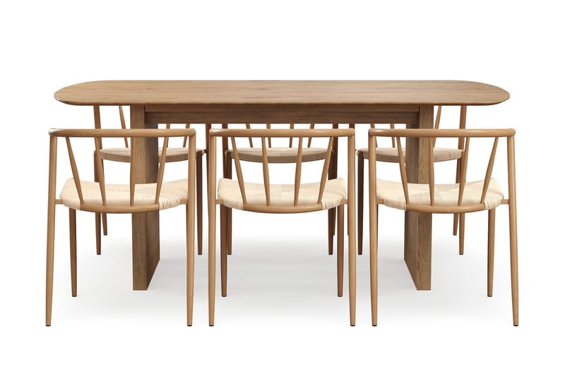 Richeto Matbord 180 cm med 6 Winston Matstolar - Naturlig finish / Beige / Metallben Ek - Möbler - Bord & matgrupp - Matgrupp