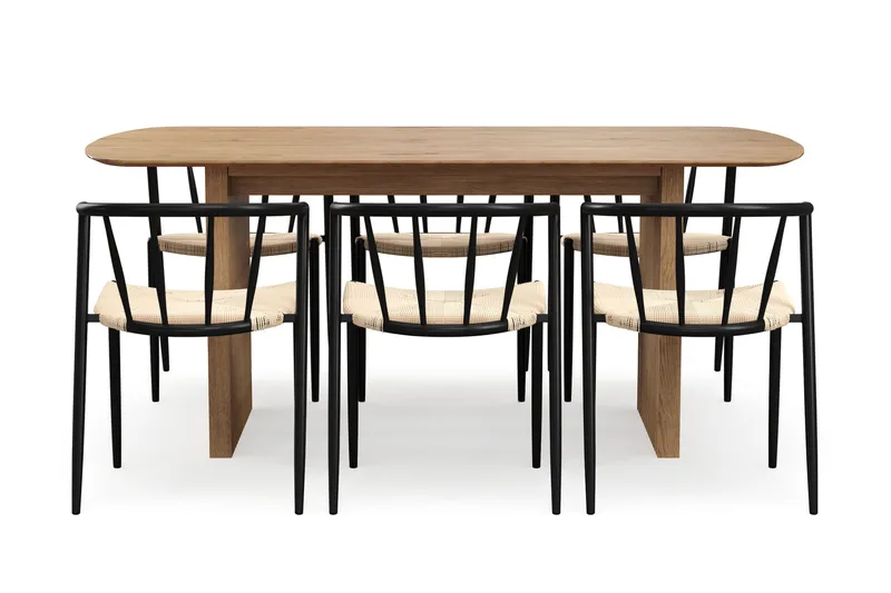 Richeto Matbord 180 cm med 6 Winston Matstolar - Naturlig finish / Beige / Metallben Svart - Möbler - Bord & matgrupp - Matgrupp