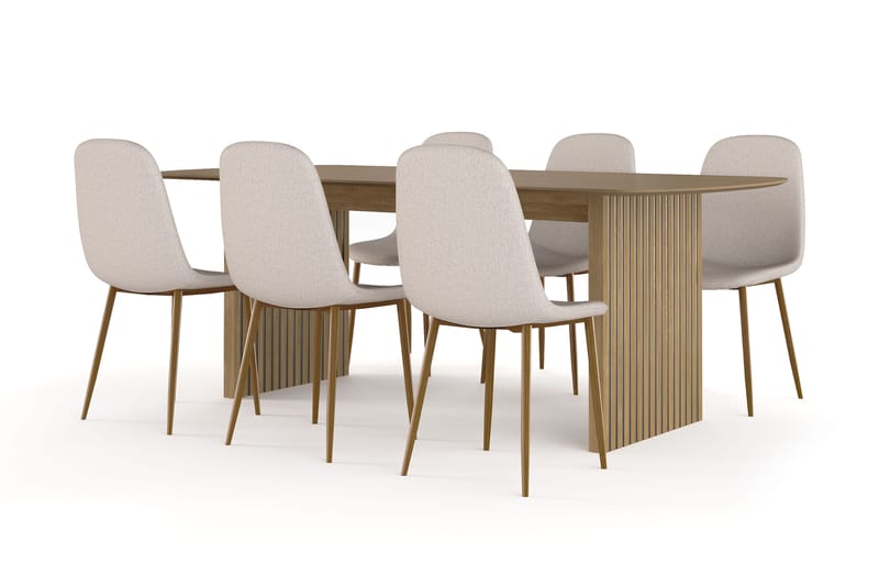 Richeto Matbord 210 cm ek +  6 st Naira stol beige med ek ben, Natur/Beige