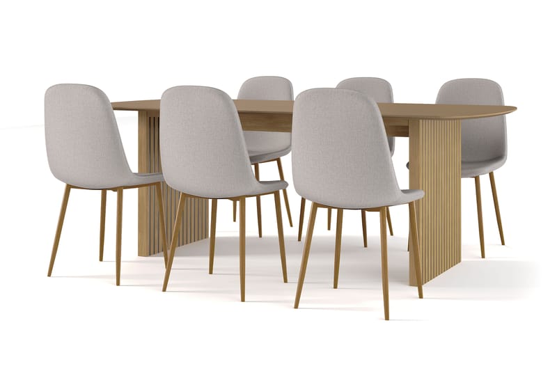 Richeto Matbord 210 cm ek +  6 st Naira stol grå med ek ben, Natur/Grå