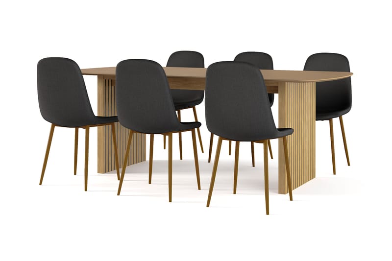 Richeto Matbord 210 cm ek +  6 st Naira stol svart med ek ben, Natur/Svart