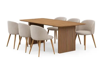 Richeto Matbord 210 cm med 6 Greya Matstolar med armstöd - Naturlig finish / Greige Bouclé / Metallben Ek - Möbler - Bord & matgrupp - Matgrupp