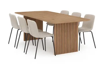 Richeto Matbord 210 cm med 6 Katy Matstolar - Naturlig finish / Greige Bouclé / Metallben Svart - Möbler - Bord & matgrupp - Matgrupp