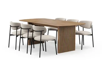 Richeto Matbord 210 cm med 6 Lucy Matstolar - Naturlig finish / Greige Bouclé / Metallben Svart - Möbler - Bord & matgrupp - Matgrupp