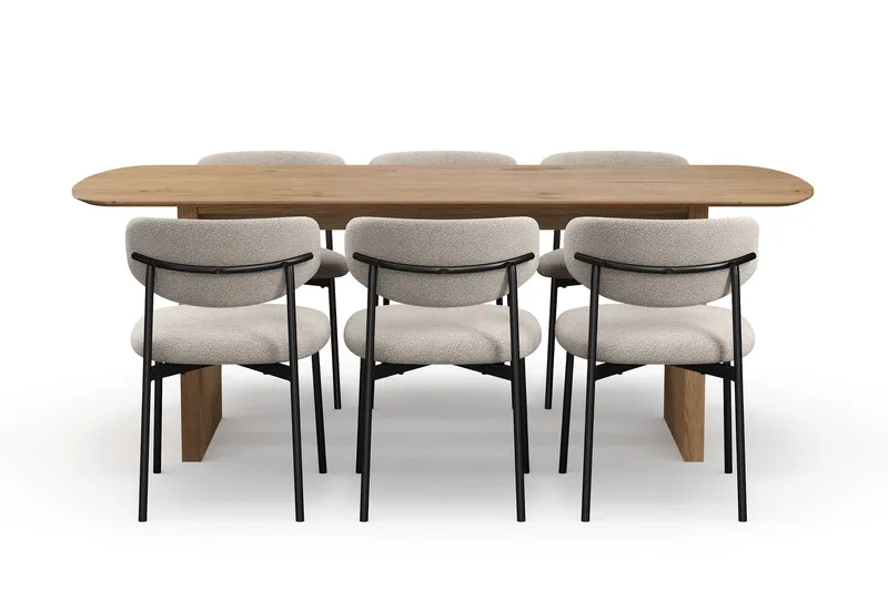 Richeto Matbord 210 cm med 6 Lucy Matstolar - Naturlig finish / Greige Bouclé / Metallben Svart - Möbler - Bord & matgrupp - Matgrupp