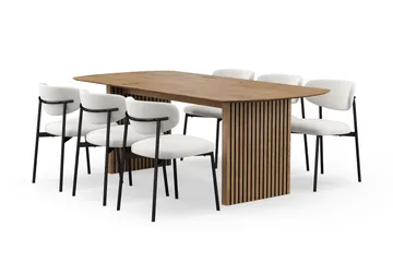 Richeto Matbord 210 cm med 6 Lucy Matstolar - Naturlig finish / Vit Bouclé / Metallben Svart - Möbler - Bord & matgrupp - Matgrupp