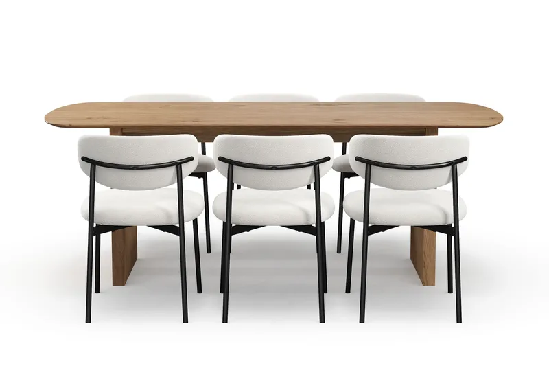Richeto Matbord 210 cm med 6 Lucy Matstolar - Naturlig finish / Vit Bouclé / Metallben Svart - Möbler - Bord & matgrupp - Matgrupp