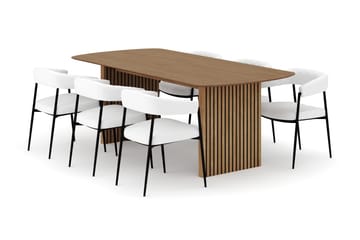 Richeto Matbord 210 cm med 6 Velma Matstolar - Naturlig finish / Vit Bouclé - Möbler - Bord & matgrupp - Matgrupp