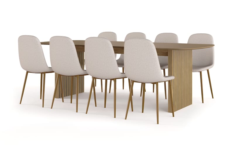 Richeto Matbord 240 cm ek +  8 st Naira stol beige med ek ben, Natur/Beige