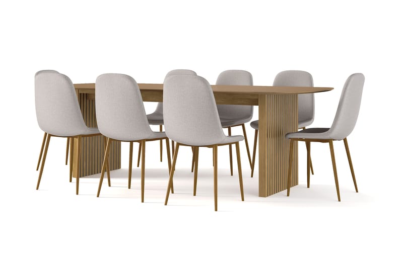Richeto Matbord 240 cm ek +  8 st Naira stol grå med ek ben, Natur/Grå