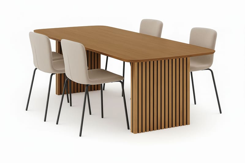Richeto Matbord 240 cm med 4 Katy Matstolar, Naturlig finish / Greige Bouclé / Metallben Svart