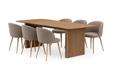 Richeto Matbord 240 cm med 6 Greya Matstolar med armstöd - Naturlig finish / Greige Bouclé / Metallben Ek - Möbler - Bord & matgrupp - Matgrupp