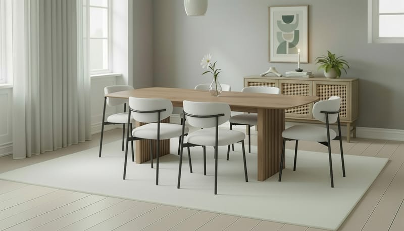 Richeto Matbord 240 cm med 6 Lucy Matstolar - Naturlig finish / Vit Bouclé / Metallben Svart - Möbler - Bord & matgrupp - Matgrupp