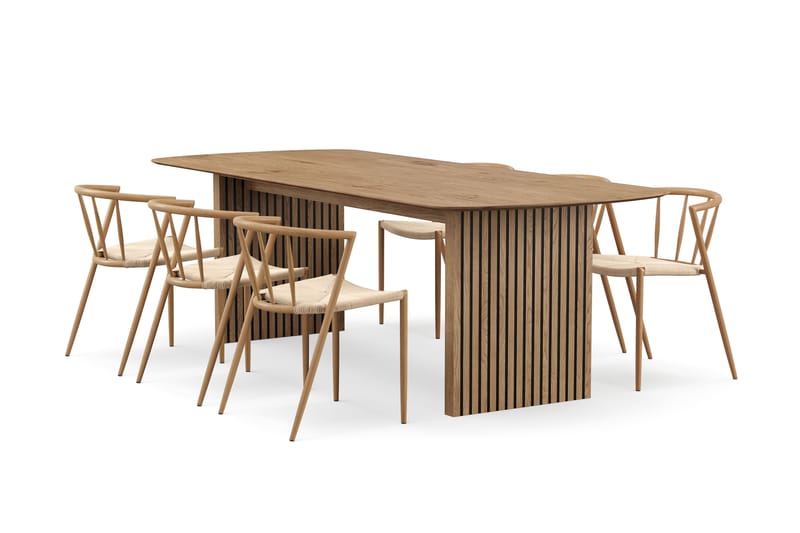 Richeto Matbord 240 cm med 6 Winston Matstolar, Naturlig finish / Beige / Metallben Ek